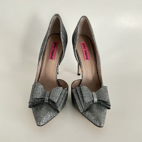 Betsey Johnson Heels 8.5M Pewter Prince Glitter Point-toe D’orsay Bow Stiletto - Picture 4 of 13
